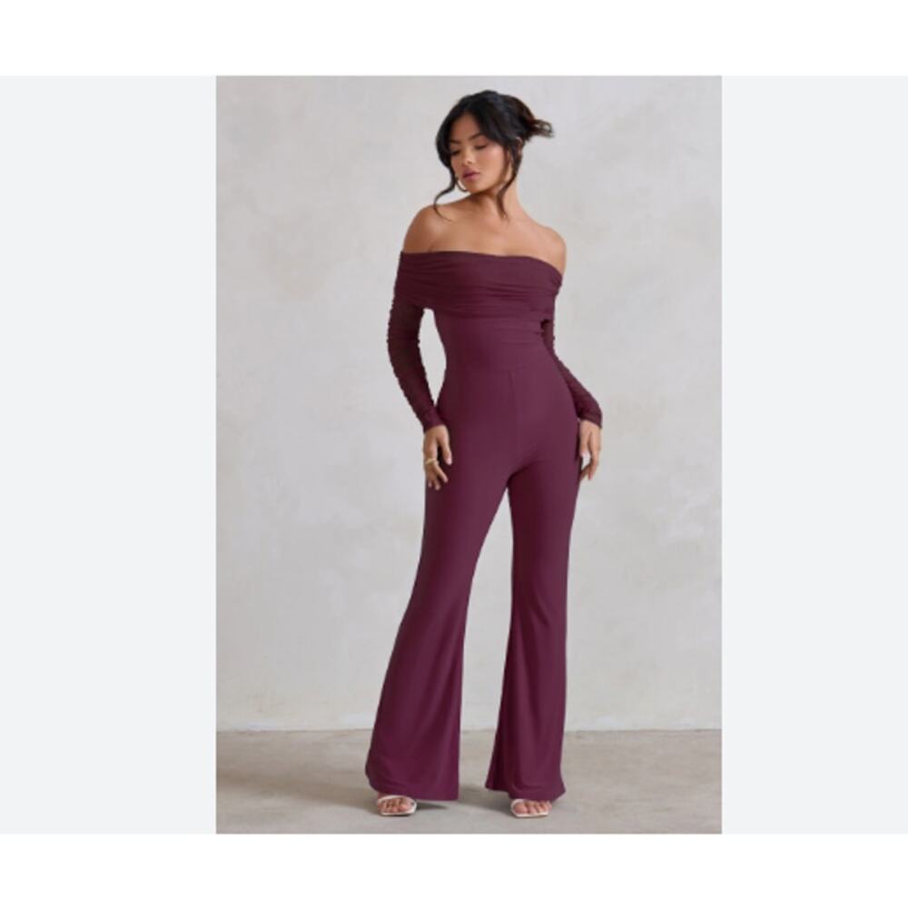 Club L London Off-Shoulder Burgundy Jumpsuit